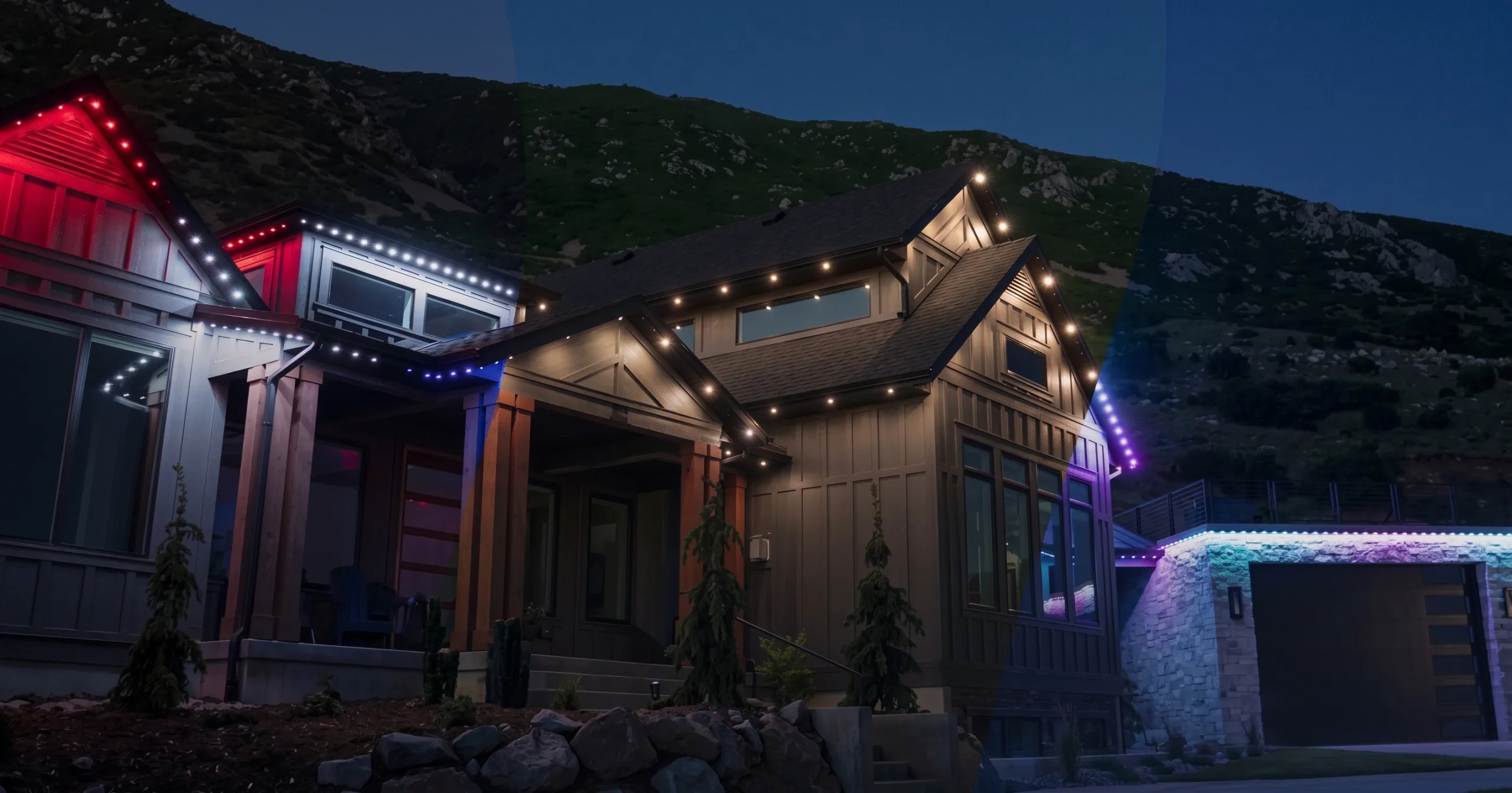 House with JellyFish permanent lights along the roofline at night